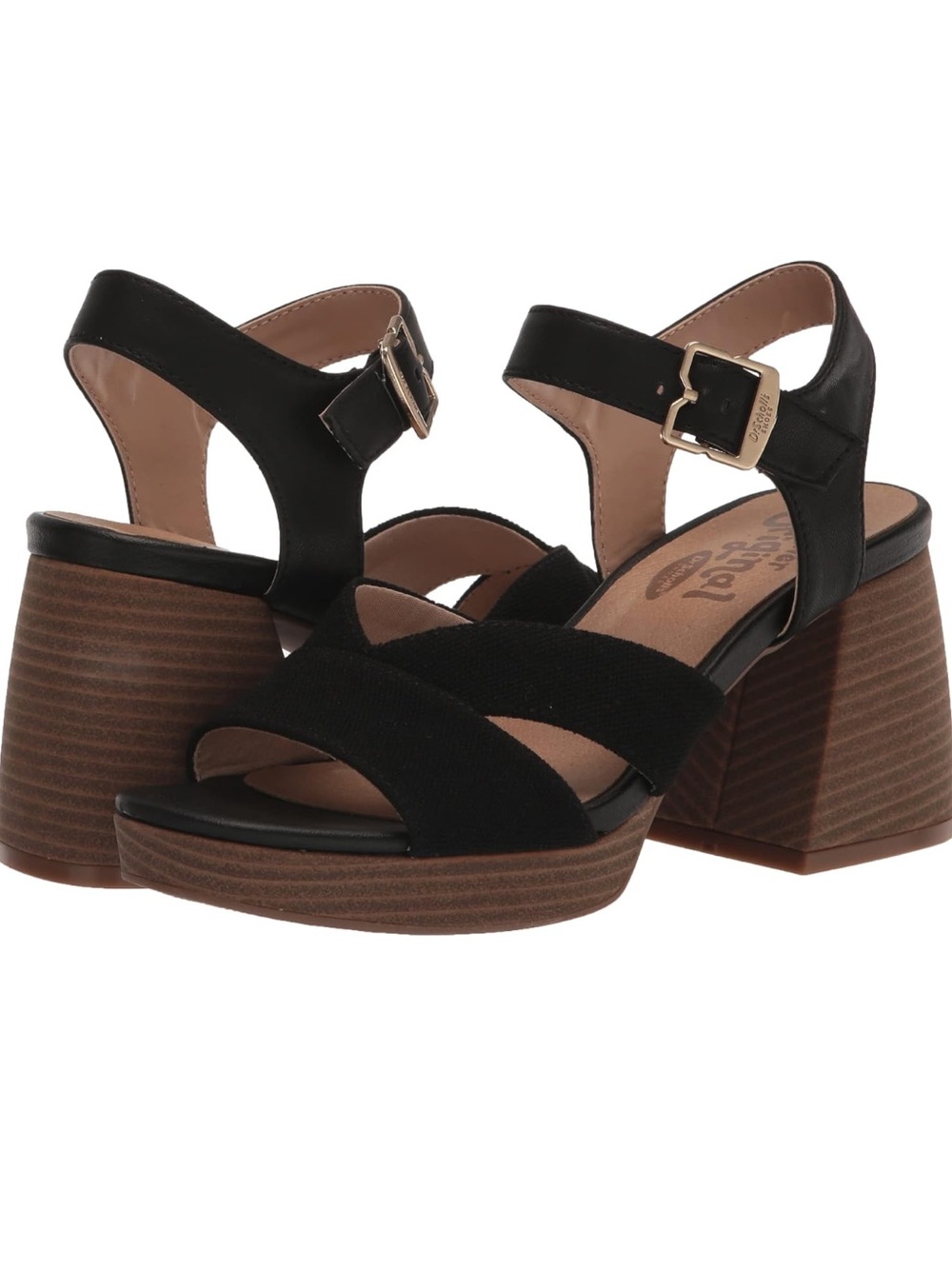 Dr. Scholl's Black Block Heel Platform Sandals with Gold Buckle